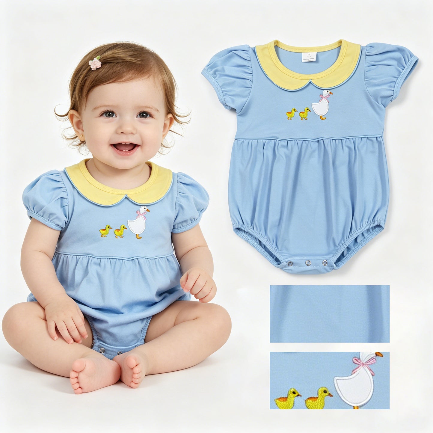 SR3298 Embroidered Duck and Goose Yellow Doll Collar Blue Short Sleeve Girls Bubble Romper 202604 RTS Sibling