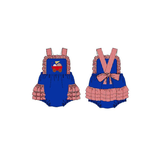 MOQ 5 Preorder SR3303 Baseball Cart Red Plaid Ruffle Blue Sleeveless Girls Bubble Romper 202510 Sibling