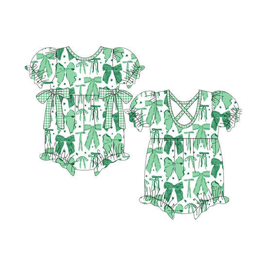 MOQ 5 Preorder SR3305 Green Four-Leaf Clover Bow Pattern Girls Bubble Romper 202510