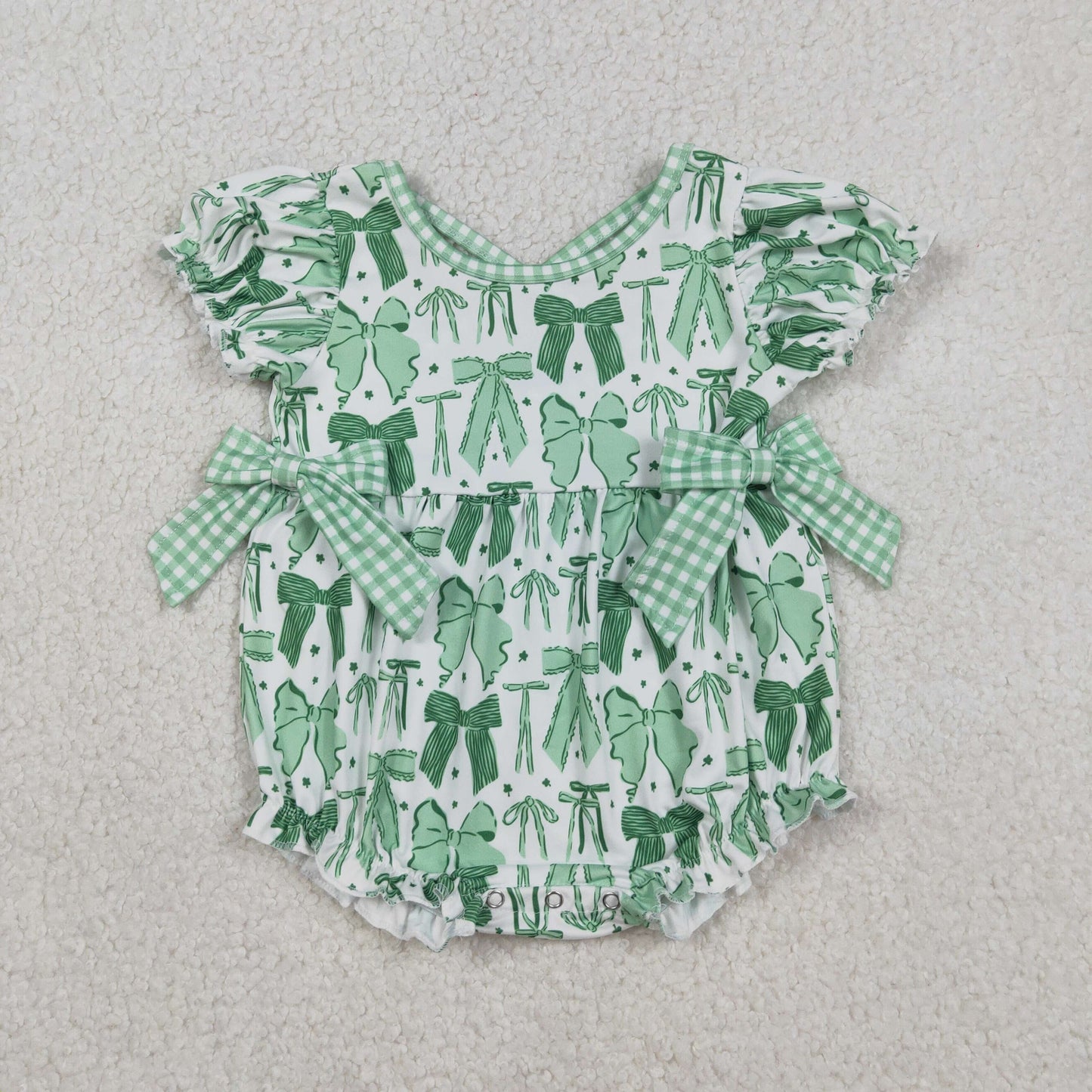 SR3305  St. Patrick's Day Green Four-Leaf Clover Bow Pattern Girls Bubble Romper 202512 RTS