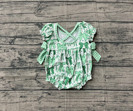 NO MOQ Preorder SR3305  St. Patrick's Day Green Four-Leaf Clover Bow Pattern Girls Bubble Romper 202511