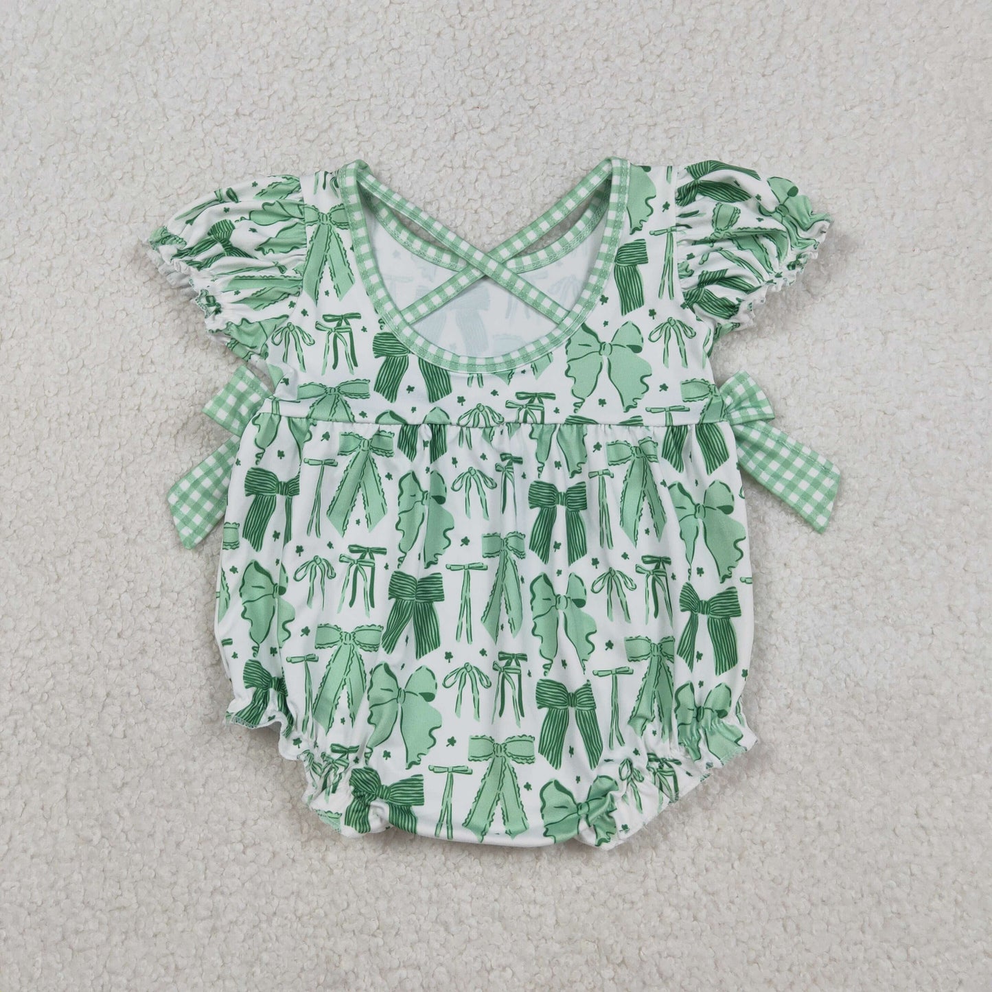 SR3305  St. Patrick's Day Green Four-Leaf Clover Bow Pattern Girls Bubble Romper 202512 RTS