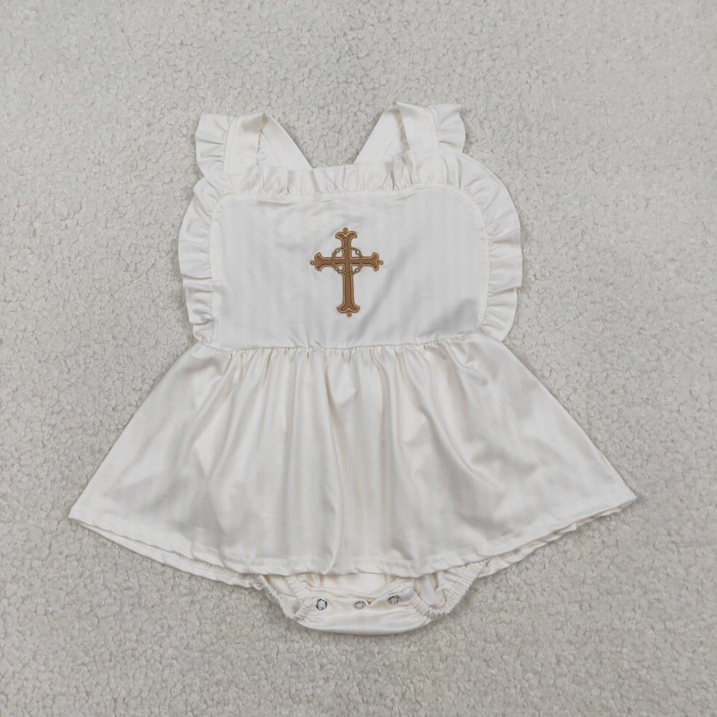 SR3306 Embroidered Easter Cross Ruffle Sleeveless Girls Bubble Romper 20260119 RTS Sibling