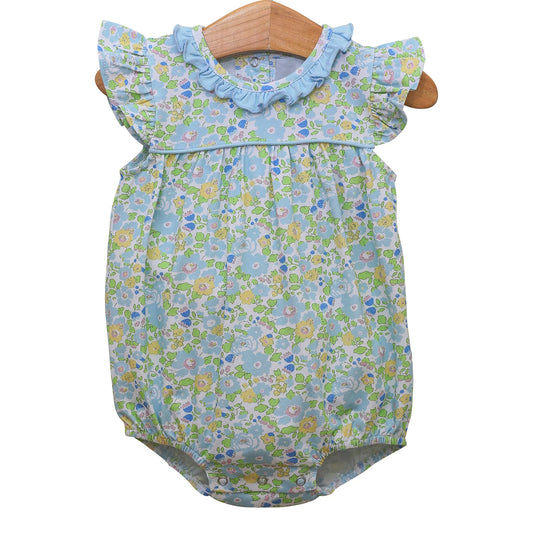 MOQ 5 Preorder SR3309 Floral Blue Ruffle Flying Sleeve Girls Bubble Romper 202510