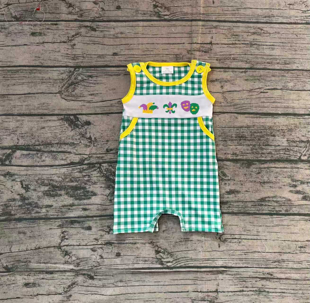 NO MOQ Preorder SR3312 Smocked Mardi Gras Green Plaid Yellow Neck Sleeveless Boys Romper 202511