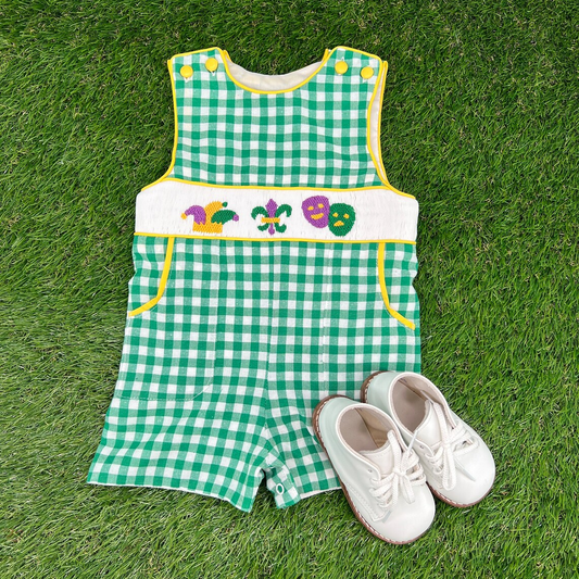 MOQ 5 Preorder SR3312 Mardi Gras Green Plaid Yellow Neck Sleeveless Boys Romper 202510