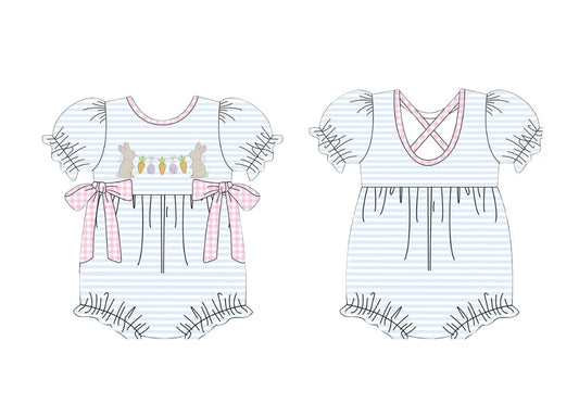MOQ 5 Preorder SR3313 Easter Bunny Carrot Blue Stripe Pink Bows Short Sleeve Girls Bubble Romper 202510