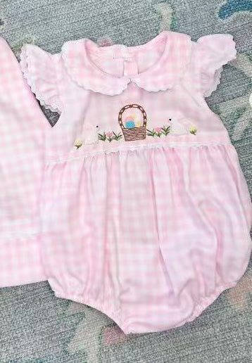 MOQ 5 Preorder SR3314 Easter Bunny Flower Pink Plaid Doll Collar Flying Sleeve Girls Bubble Romper 202510