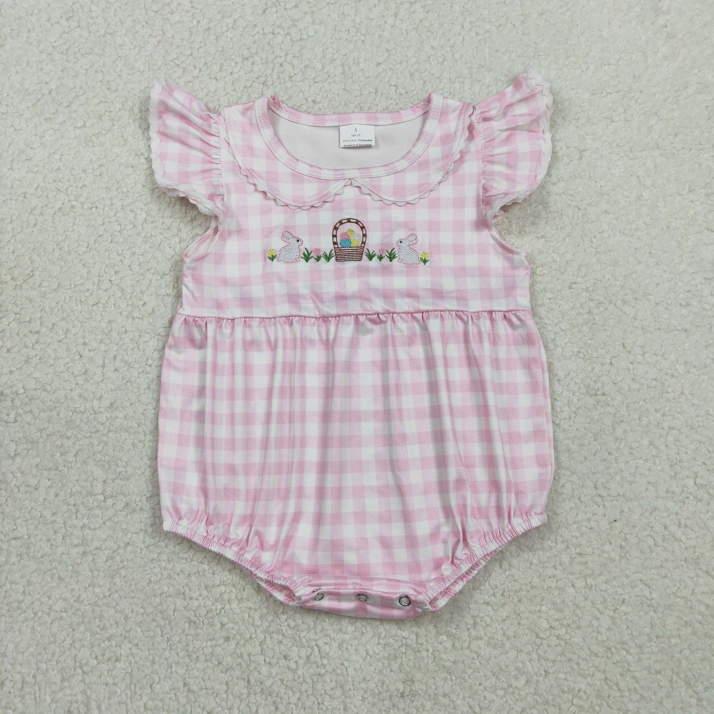 SR3314 Embroidered Easter Bunny Flower Pink Plaid Doll Collar Flying Sleeve Girls Bubble Romper 202602 RTS