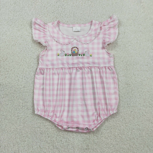 SR3314 Embroidered Easter Bunny Flower Pink Plaid Doll Collar Flying Sleeve Girls Bubble Romper 202602 RTS