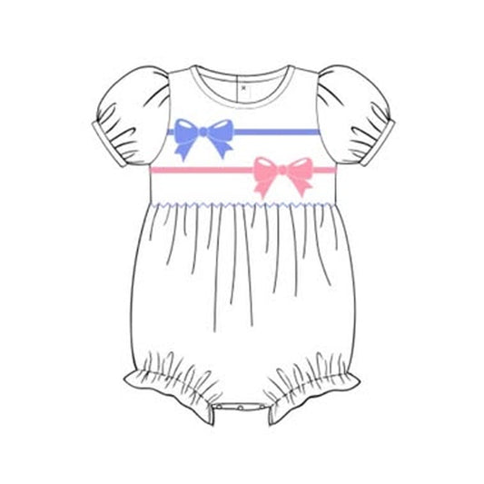 MOQ 5 Preorder SR3315 Pink Blue Bows White Puff Short Sleeve Girls Bubble Romper 202510
