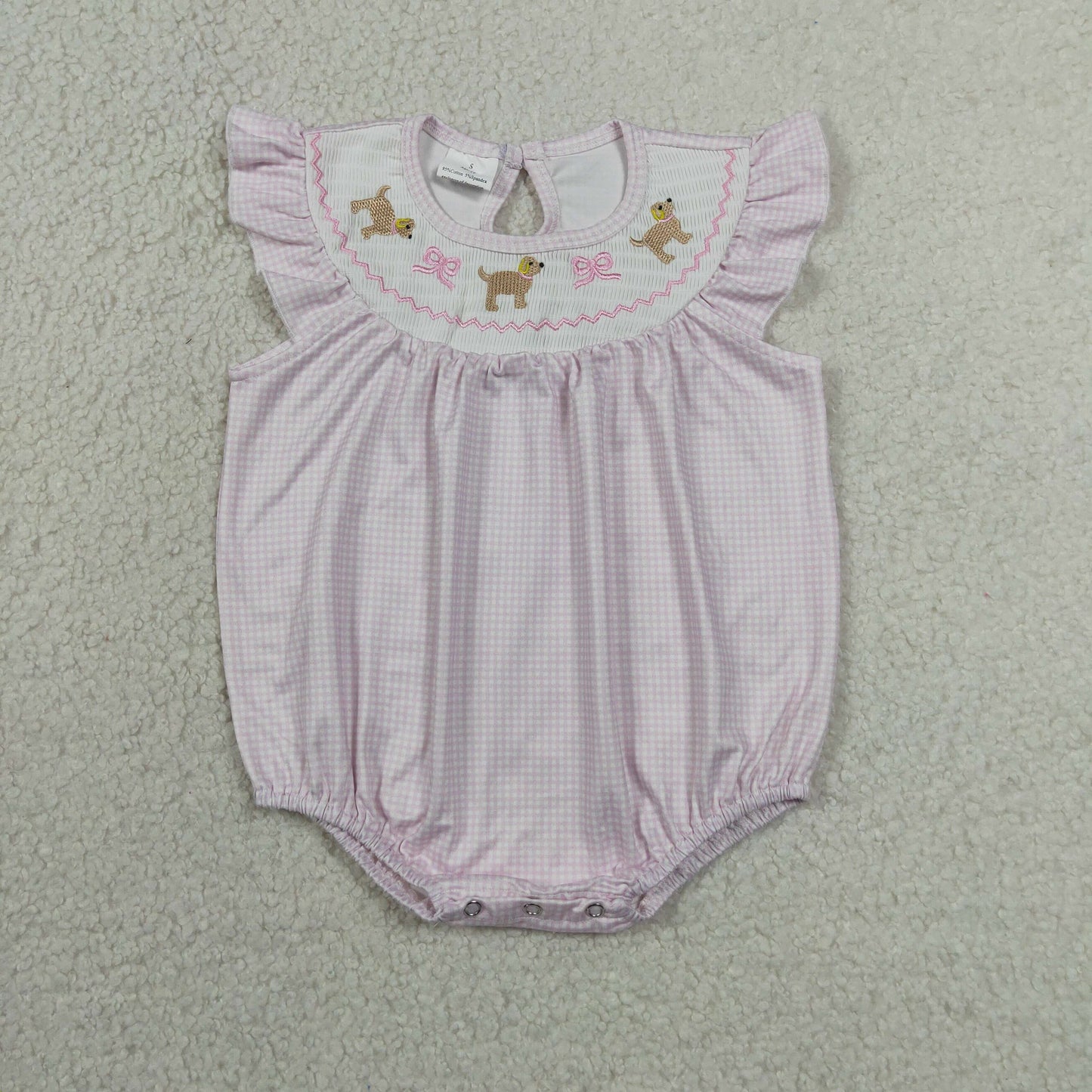SR3316 Smocked Cute Puppy Bows Pink Flying Sleeve Girls Bubble Romper 202606 RTS