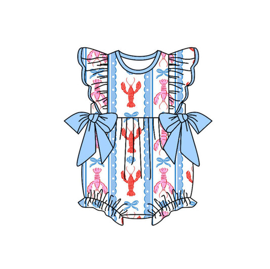 MOQ 5 Preorder SR3317 Mardi Gras Crayfish Pattern Blue Bows Flying Sleeve Girls Bubble Romper 202510