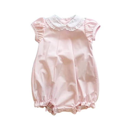 MOQ 5 Preorder SR3325 White Lace Ruffle Doll Collar Light Pink Short Sleeve Girls Bubble Romper 202510