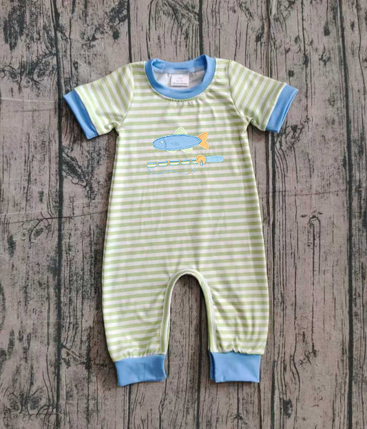 NO MOQ Preorder SR3329 Embroidered Fishing Pattern Green Stripe Blue Neck Short Sleeve Boys Romper 202510