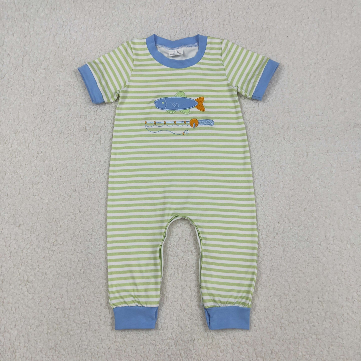 SR3329 Embroidered Fishing Pattern Green Stripe Blue Neck Short Sleeve Boys Romper 202512 RTS