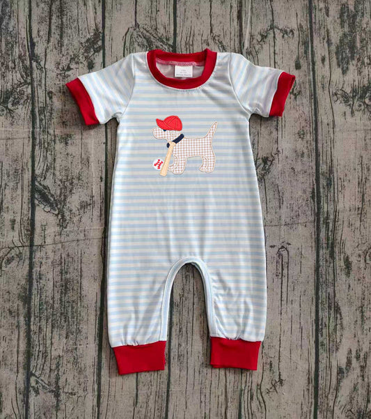 NO MOQ Preorder SR3330 Embroider Baseball Puppy Pattern Blue Stripe Red Neck Short Sleeve Boys Romper 202510