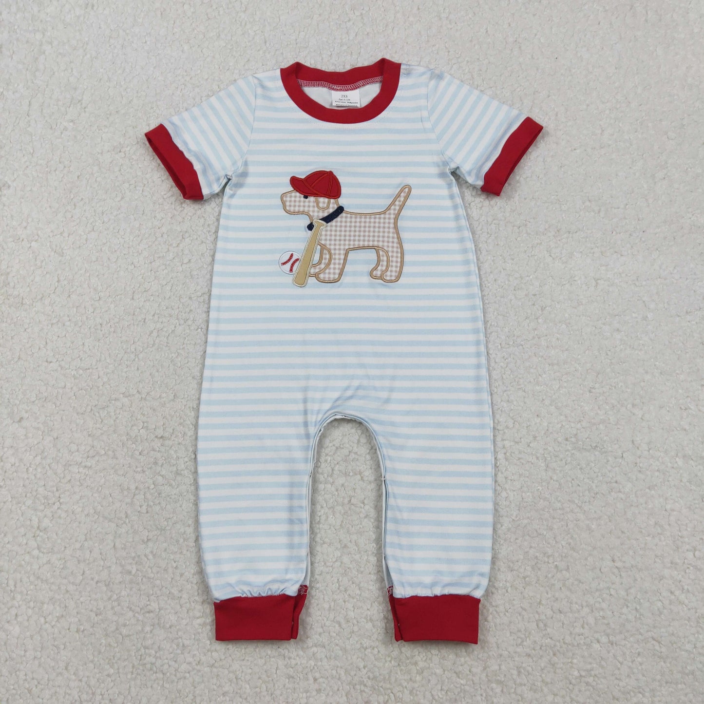 SR3330 Embroider Baseball Puppy Pattern Blue Stripe Red Neck Short Sleeve Boys Romper 202512 RTS