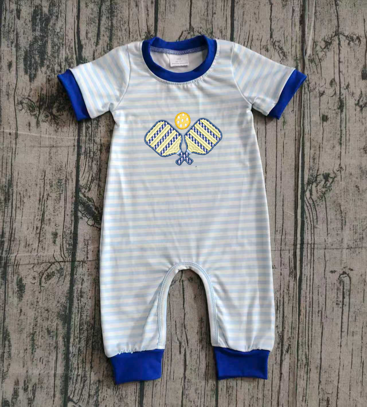 NO MOQ Preorder SR3331 Embroidered Tennis Racket Blue Stripe Short Sleeve Boys Romper 202510