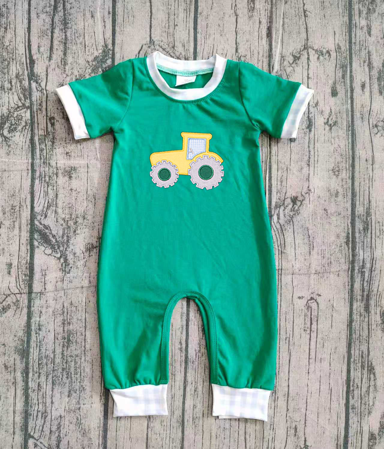 NO MOQ Preorder SR3332 Embroidered Truck Pattern Green Short Sleeve Boys Romper 202510