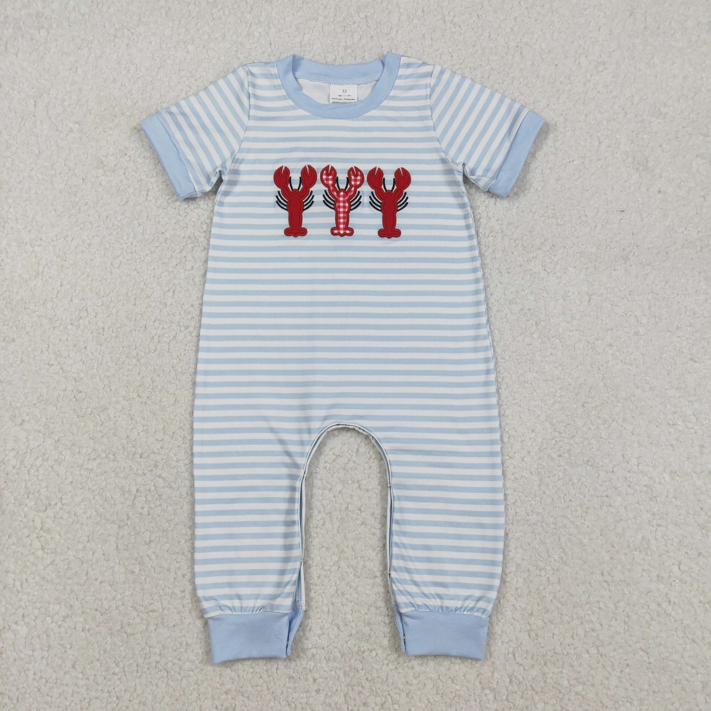 SR3333 Embroidered Crayfish Pattern Blue Stripe Short Sleeve Boys Romper 202512 RTS