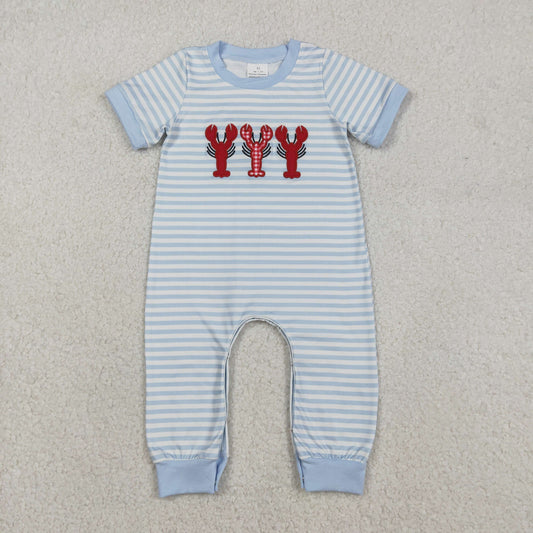 SR3333 Embroidered Crayfish Pattern Blue Stripe Short Sleeve Boys Romper 202512 RTS