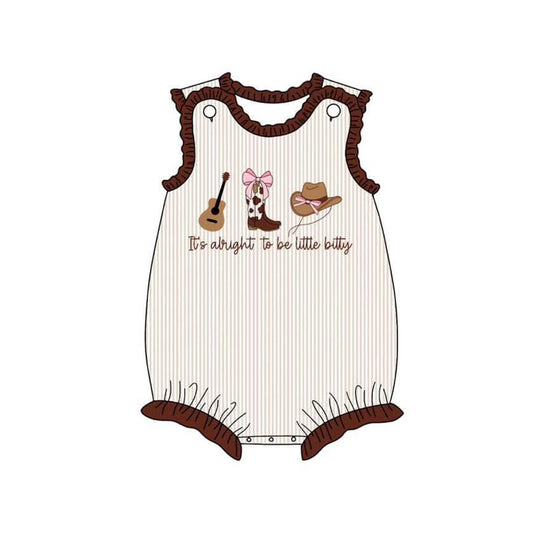 MOQ 5 Preorder SR3336 it's alright to be little bitty Guitar Boots Hats Stripe Brown Ruffle Sleeveless Girls Bubble Romper 202510 Sibling