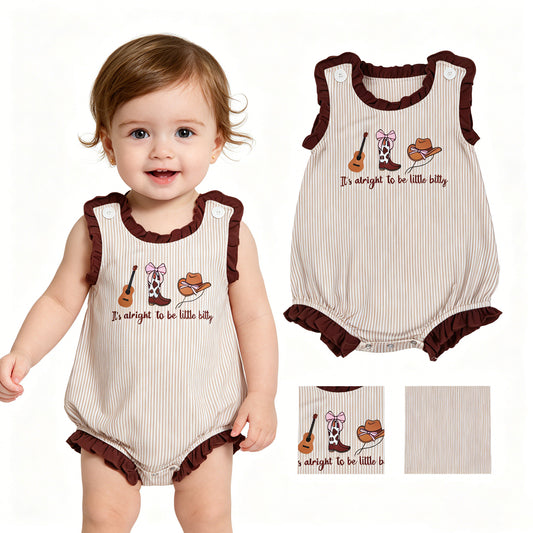 SR3336 it's alright to be little bitty Guitar Boots Hats Stripe Brown Ruffle Sleeveless Girls Bubble Romper 202605 RTS Sibling