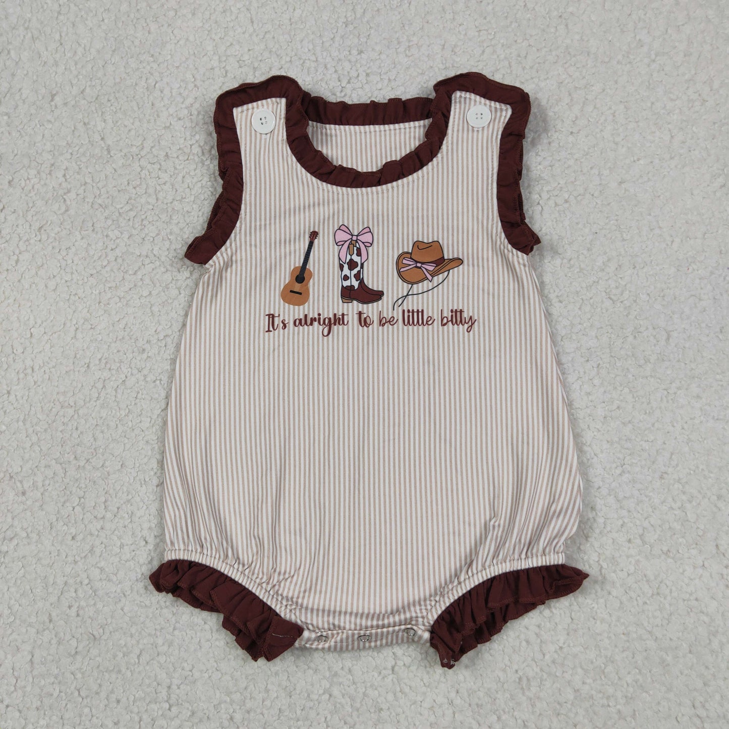 SR3336 it's alright to be little bitty Guitar Boots Hats Stripe Brown Ruffle Sleeveless Girls Bubble Romper 202605 RTS Sibling