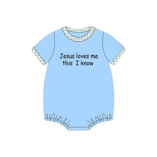 MOQ 5 Preorder SR3342 Easter jesus loves me this i know Green Plaid Blue Short Sleeve Boys Bubble Romper 202510 Sibling