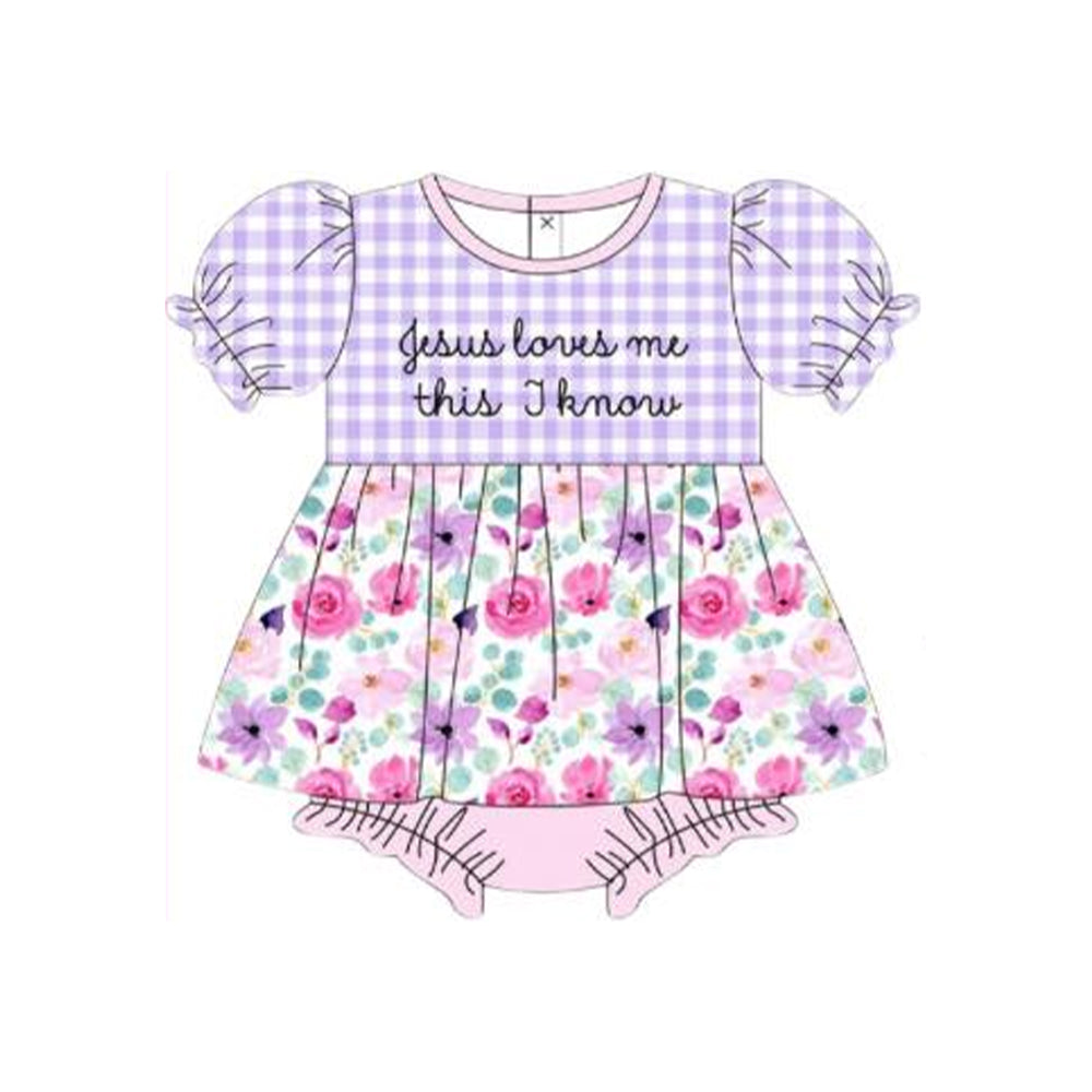 MOQ 5 Preorder SR3343 Easter jesus loves me this i know Flower Purple Plaid Puff Short Sleeve Girls Bubble Romper 202510 Sibling
