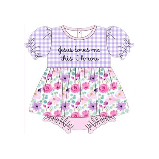 MOQ 5 Preorder SR3343 Easter jesus loves me this i know Flower Purple Plaid Puff Short Sleeve Girls Bubble Romper 202510 Sibling