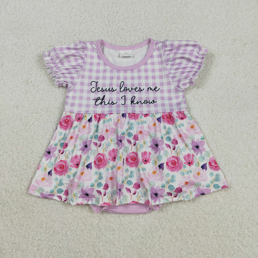SR3343 Embroidered Easter jesus loves me this i know Flower Purple Plaid Puff Short Sleeve Girls Bubble Romper 202511 RTS Sibling