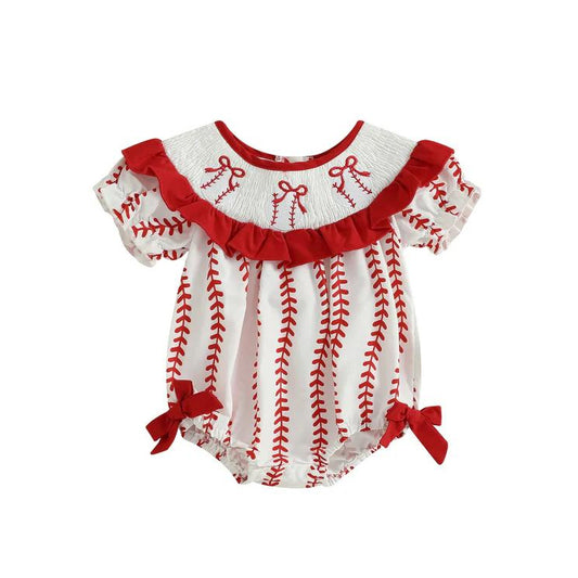 MOQ 5 Preorder SR3345 Baseball Red Bows Ruffle Short Sleeve Girls Bubble Romper 202510