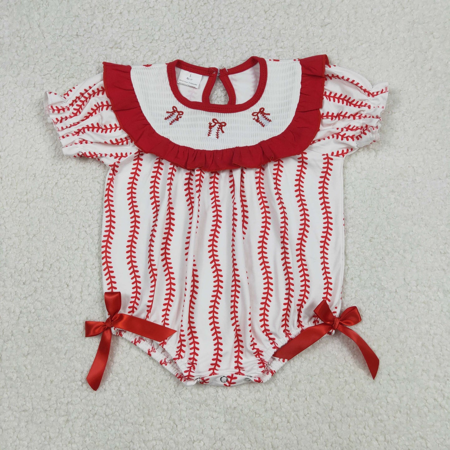 SR3345 Smocked Baseball Red Bows Ruffle Short Sleeve Girls Bubble Romper 202512 RTS