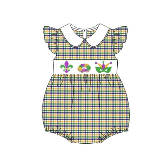 MOQ 5 Preorder SR3350 Mardi Gras Plaid Doll Collar Flying Sleeve Girls Bubble Romper 202510 Sibling