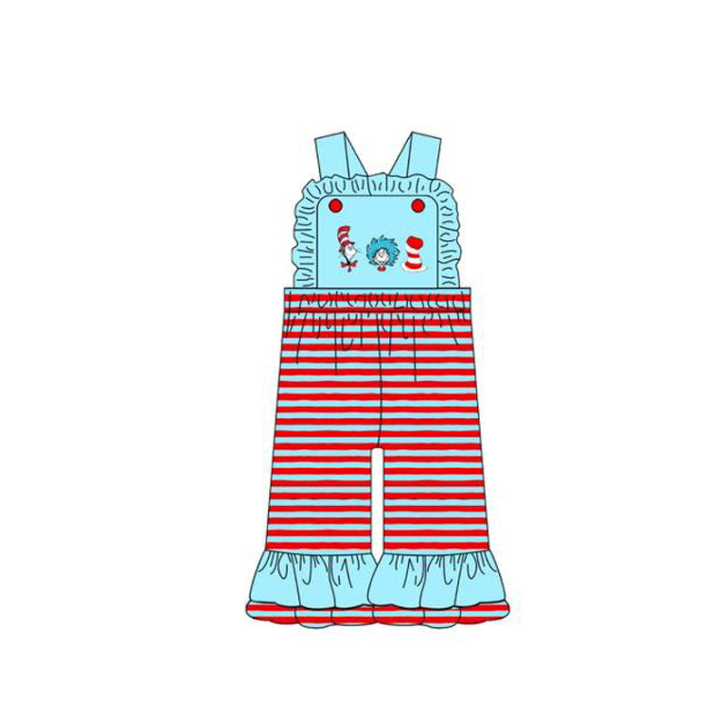 MOQ 5 Preorder SR3355 Dr Seuss Red Stripe Blue Ruffle Sleeveless Girls  Overalls Jumpsuits 202510