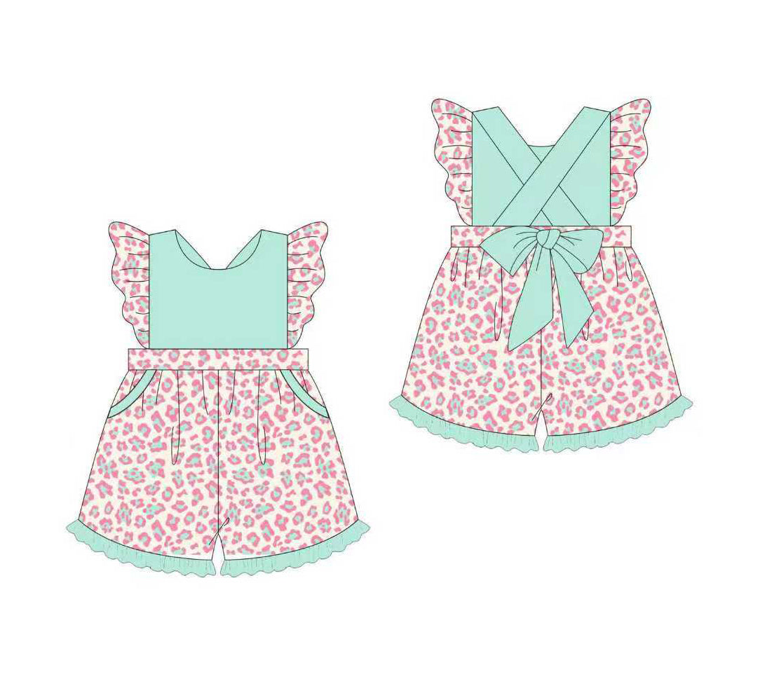 MOQ 5 Preorder SR3356 Light Green Bow Ruffle Pink Leopard Flying Sleeve Girls  Overalls Jumpsuits 202510