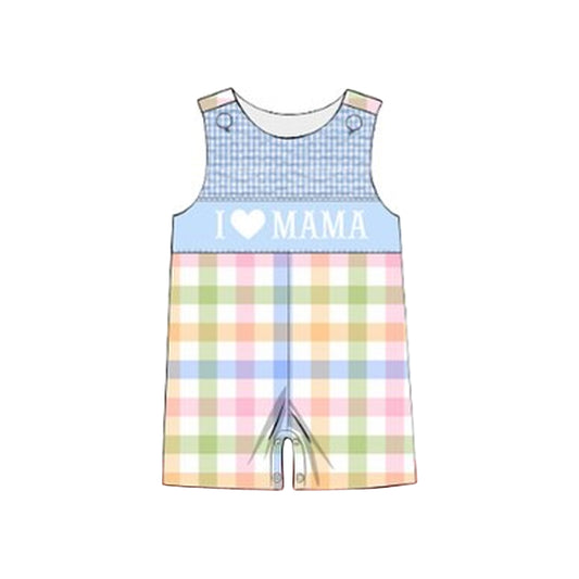 MOQ 5 Preorder SR3360 I Love MAMA Blue Plaid Colored Plaid Sleeveless Boys Bubble Romper 202510