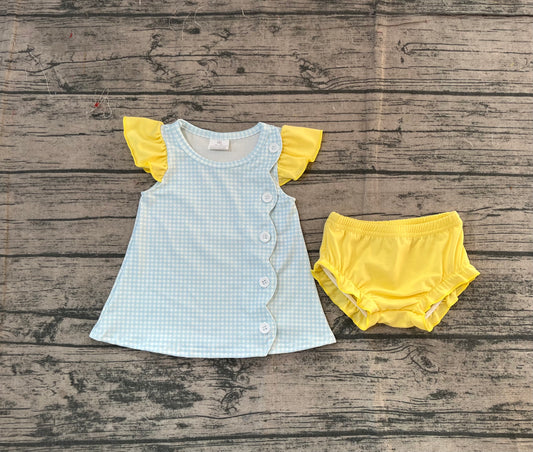 NO MOQ Preorder SR3364 Blue Plaid Yellow Flying Sleeve Girls Bubble Romper 202511