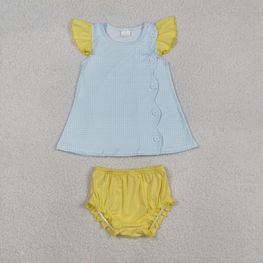 SR3364 Blue Plaid Yellow Flying Sleeve Girls Bubble Romper 202511 RTS