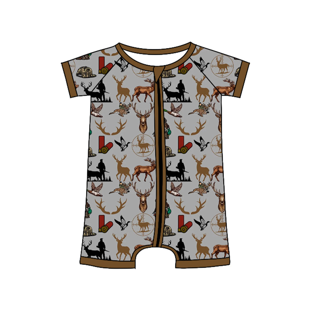 MOQ 5 Preorder SR3365 Puppy Deer Duck Hunting Brown Zip Short Sleeve Boys Romper 202510