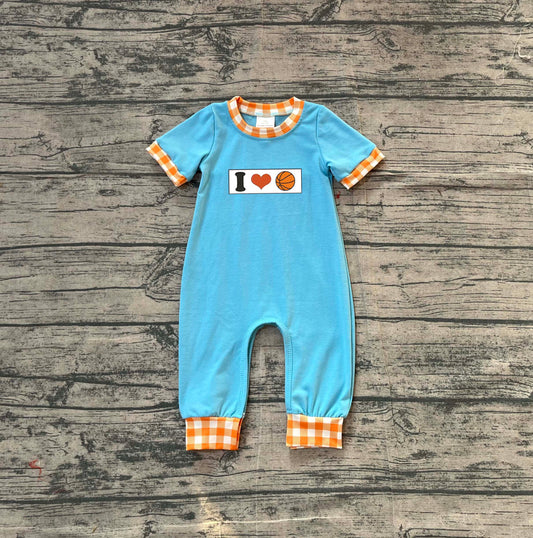 NO MOQ Preorder SR3366 Embroidered I Love Basketball Orange Plaid Blue Short Sleeve Boys Romper 202511