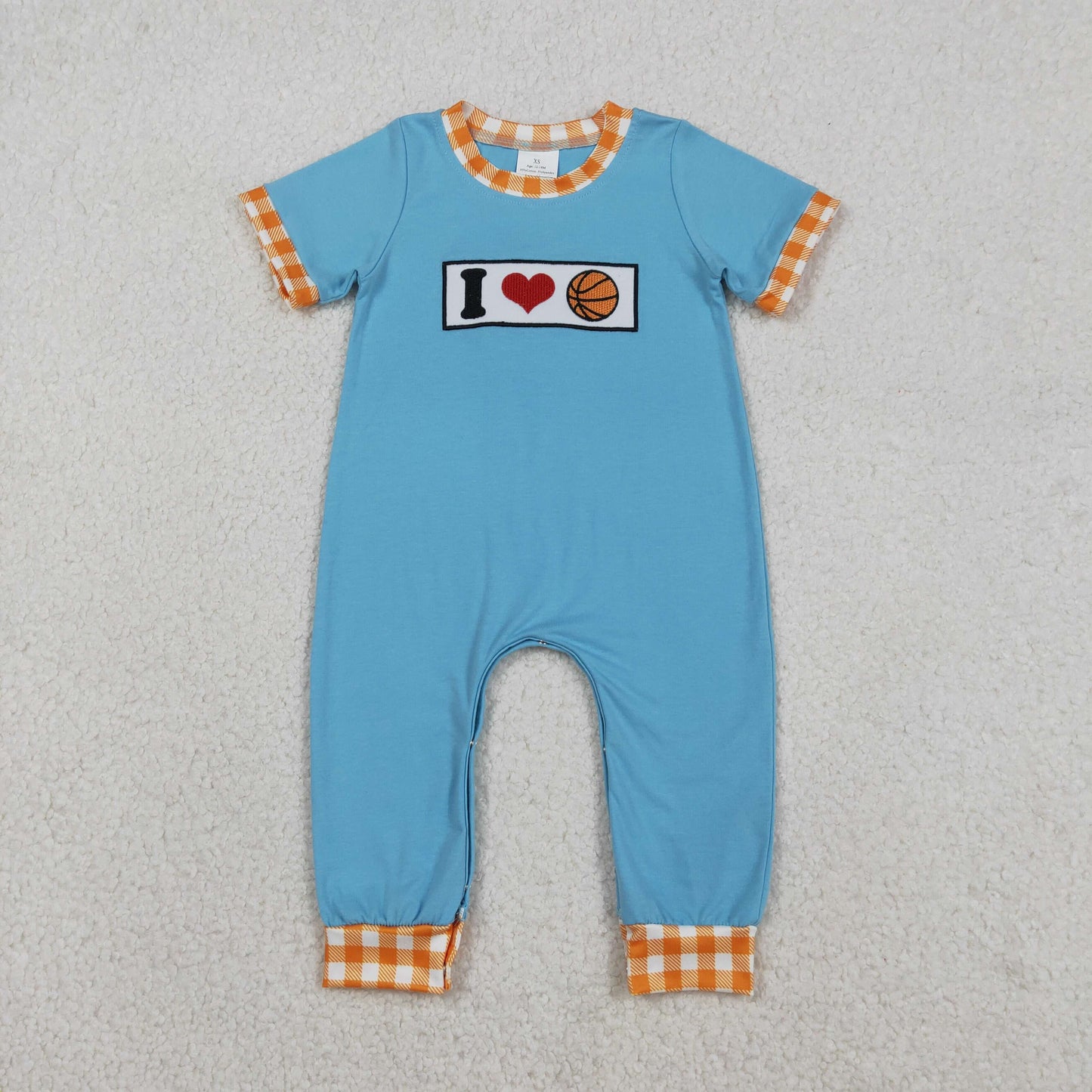 SR3366 Embroidered I Love Basketball Orange Plaid Blue Short Sleeve Boys Romper 202512 RTS