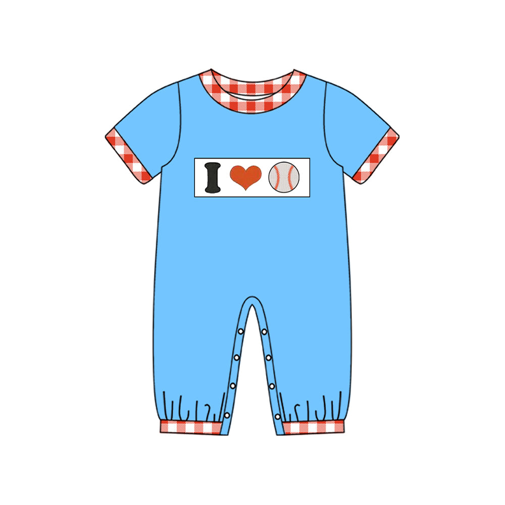 MOQ 5 Preorder SR3367 I Love Baseball Red Plaid Blue Short Sleeve Boys Romper 202510