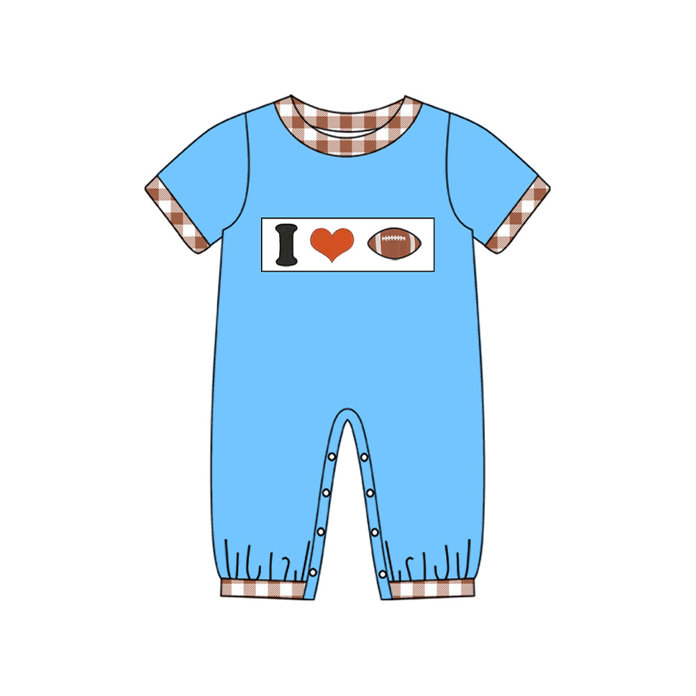 MOQ 5 Preorder SR3368 I Love Rugby Brown Plaid Blue Short Sleeve Boys Romper 202510