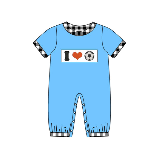 MOQ 5 Preorder SR3369 I Love Football Black Plaid Blue Short Sleeve Boys Romper 202510