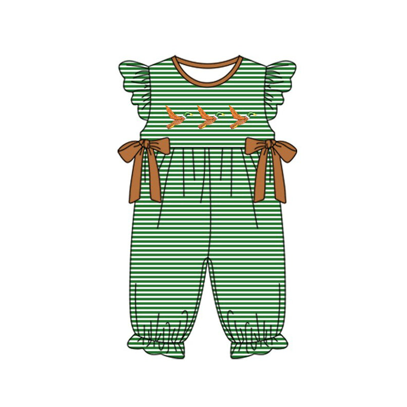 MOQ 5 Preorder SR3373 Ducks Green Stripe Brown Bows Flying Sleeve Girls Romper 202510