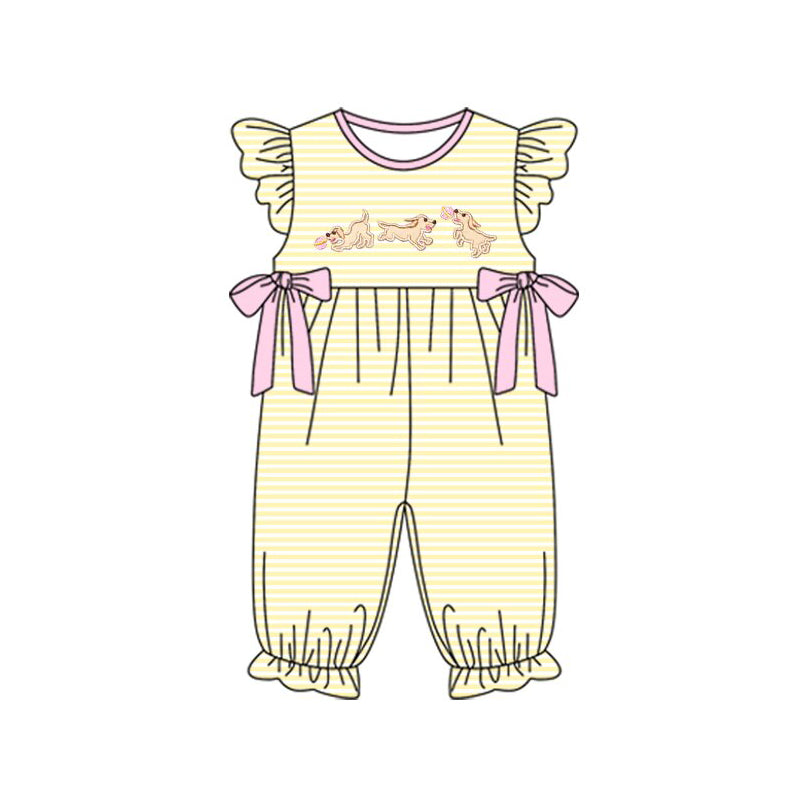 MOQ 5 Preorder SR3374 Puppy Yellow Stripe Pink Bows Flying Sleeve Girls Romper 202510