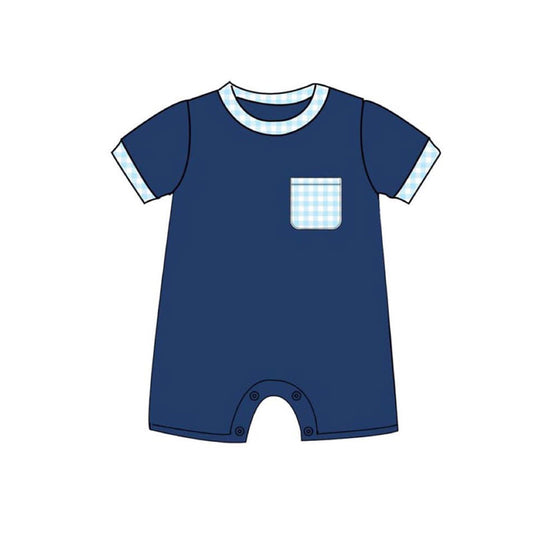 MOQ 5 preorder SR3377 Blue Plaid Pocket Navy Short-Sleeved Boys Romper 202510